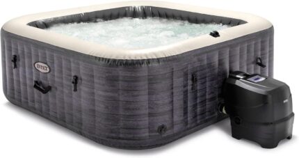 Intex PureSpa Plus 6 Person Inflatable 94" Square Outdoor Hot Tub Spa with 170 Bubble AirJets, Insulated Cover & LED Color Changing Lights, Greystone